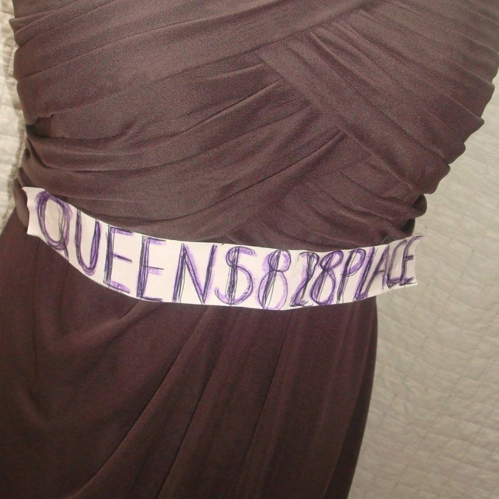 David's Bridal Short Crinkle Chiffon Brown Dress with Front Cascade Size 10 - Picture 4 of 9